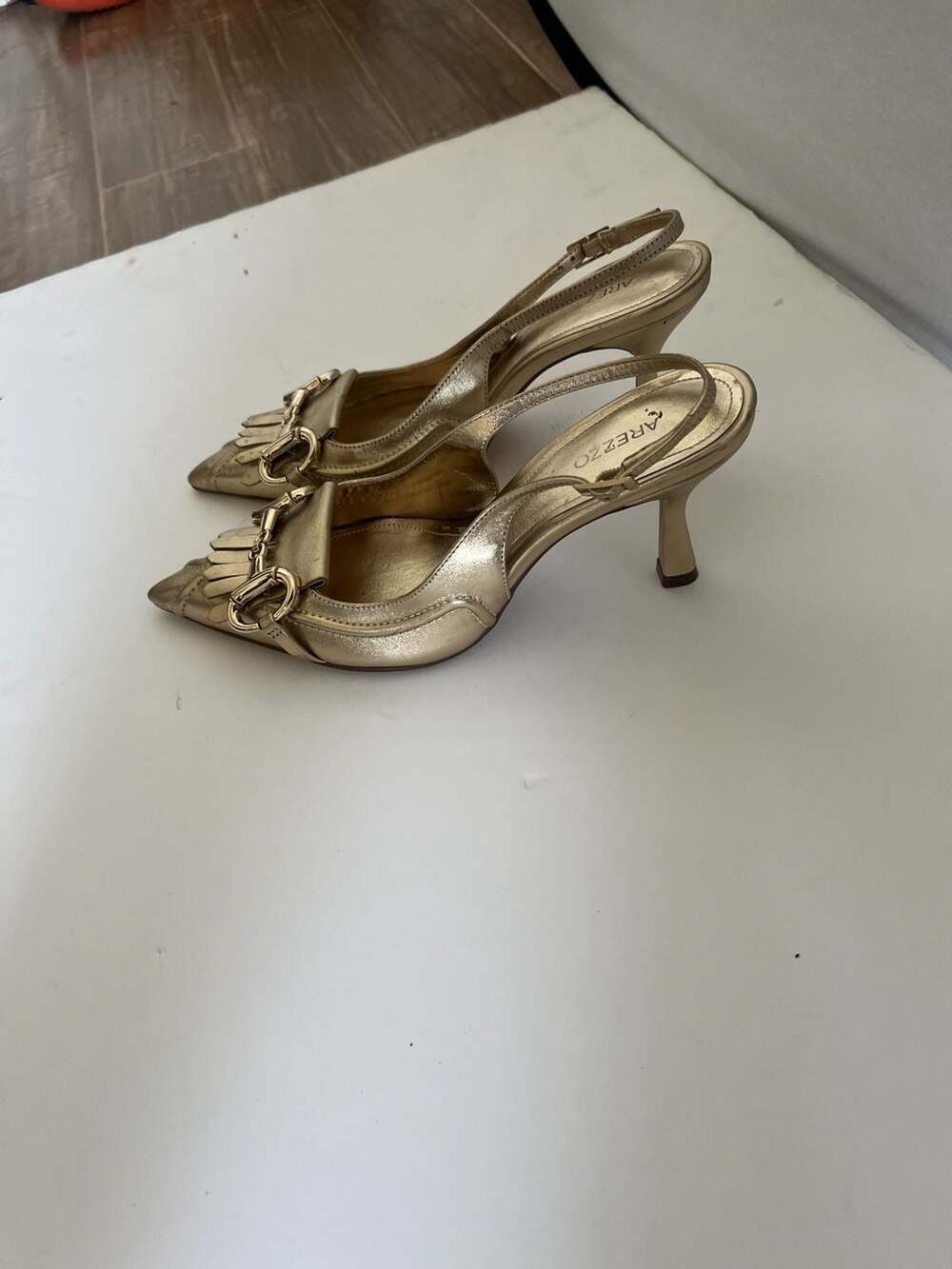 Arezzo Delilah Gold Metallic Leather Fringe Horsebit Slingback Pumps - Picture 3 of 6